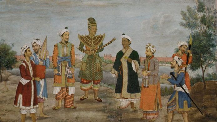 Eight Men in Indian and Burmese Costume in the Fraser Album, Ghulam Ali Khan, c. 19th century, Ink, opaque watercolour, and gold on paper, margins of gold on dyed paper. Image courtesy of The Metropolitan Museum of Art.