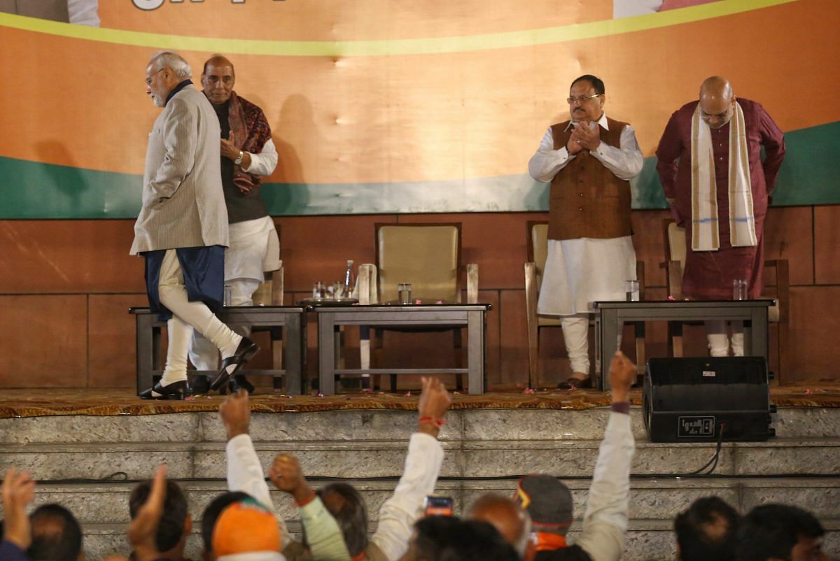 Modi leaves the dais, as Rajnath Singh, J.P, Nadda and Amit Shah look on | Photo: Mnaisha Mondal | ThePrint