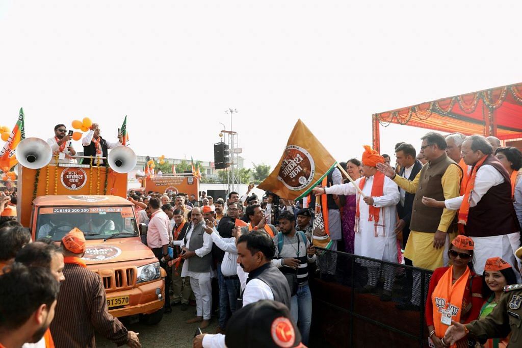 BJP National President JP Nadda flagging off the Jan Aakrosh rath in Jaipur | photo credit: ANI
