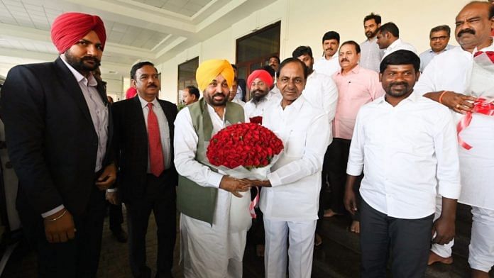 Punjab CM Bhagwant Mann with his Telangana counterpart KCR in Hyderabad Tuesday | Twitter @CMOPb
