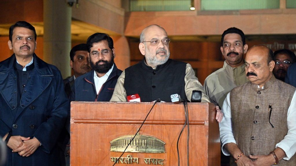 Union Home Minister Amit Shah briefs the media on the Maharashtra-Karnataka border row after his meeting with the CMs of the two states, Eknath Shinde and Basavaraj Bommai, in New Delhi on Wednesday | ANI