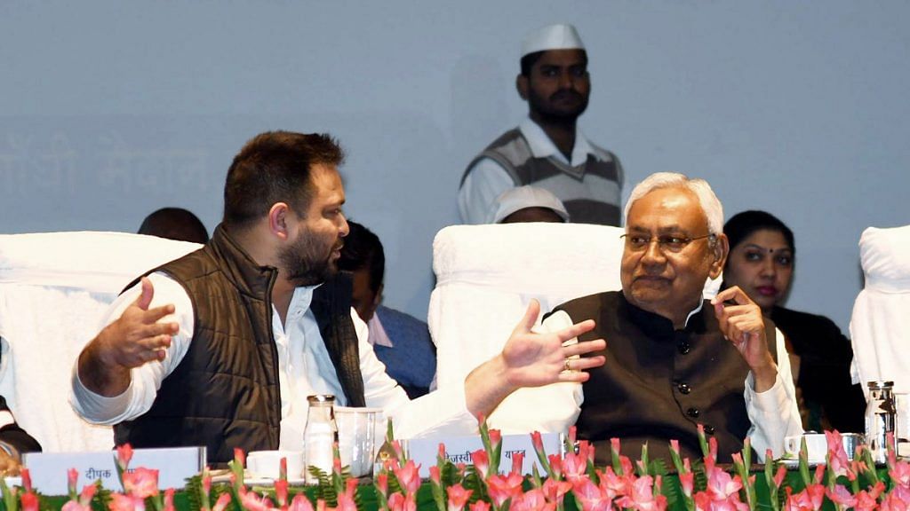 Bihar CM Nitish Kumar with Deputy CM Tejashwi Yadav during an event in Patna Tuesday | ANI