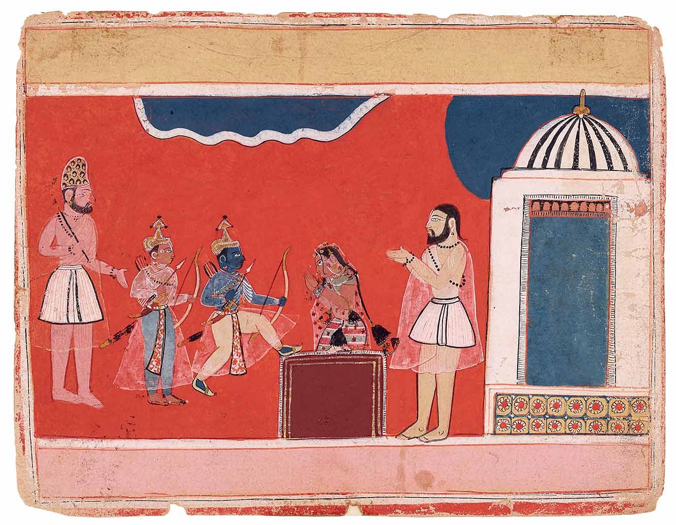 This image illustrates a version of the salvific act in which Ahalya had not been “lying on ashes” in the  ashram, but instead had been turned into a rock and would be  liberated when Rama touches the rock with his foot. This version is found in Tulsidas’s Ramacaritmanas, yet the petrification of  Ahalya was already a familiar ver-sion of the story before the appear-ance of the Ramacaritmanas. It seems unlikely that the Ramacaritmanas, which was written in Awadhi and whose earliest sections were composed in 1574, should in 1600 have been known and read at the court of Orchha | Niyogi Books