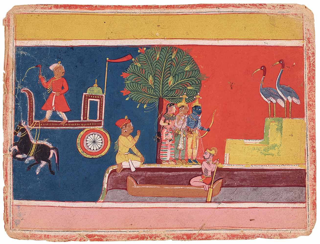 The painter used the vocabu-lary of the Early Rajput style  to depict the chariot and horses. We fid the same ornamental wheels and the same pair of black and white horses, with the white horse drawn in contour lines behind the black one, in the Palam Bhagavata Purana ( compare cats. C.5 & C.8 ) | Niyogi Books