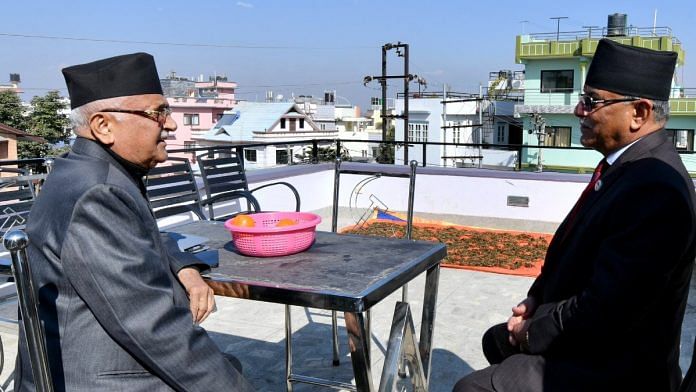 Nepal PM Pushpa Kamal Dahal 'Prachanda' with CPN-UML chairman K.P. Sharma Oli (left) | Twitter | @cmprachanda