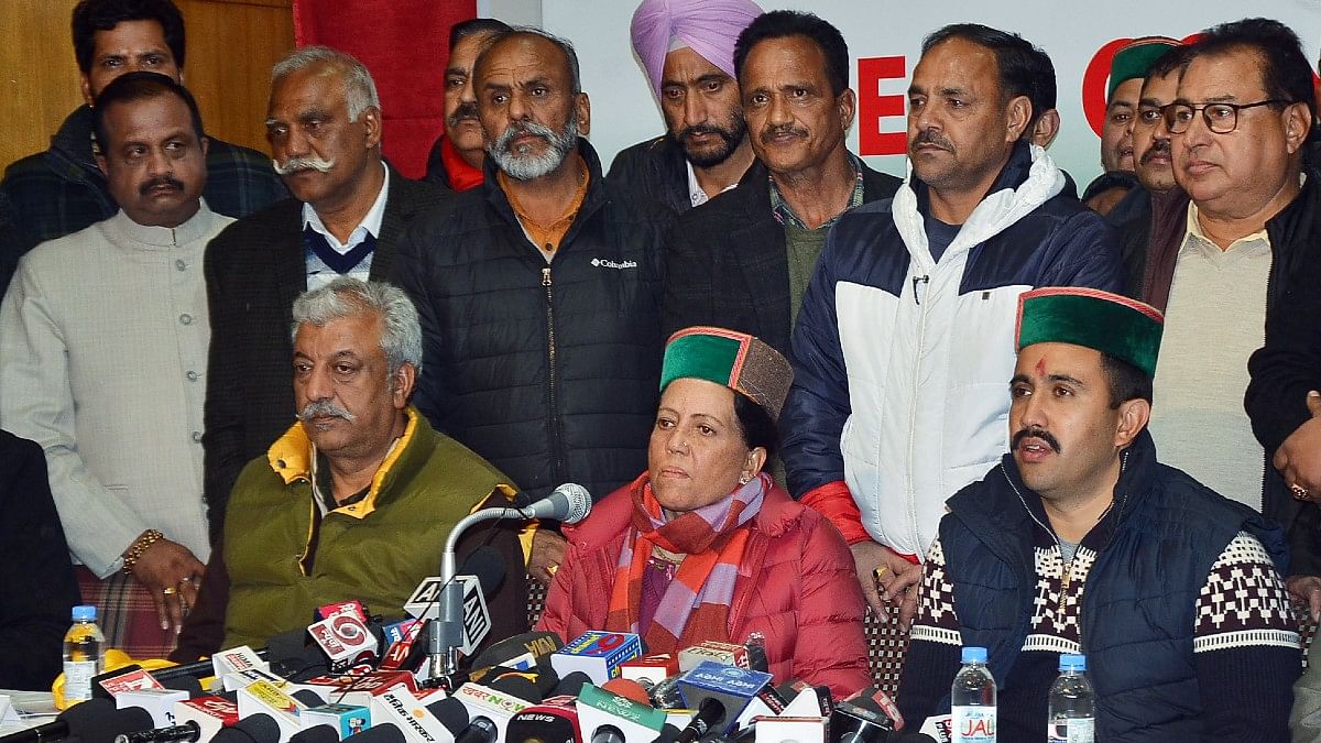 Himachal Congress chief Pratibha Singh addresses press conference at party office in Shimla Thursday | ANI