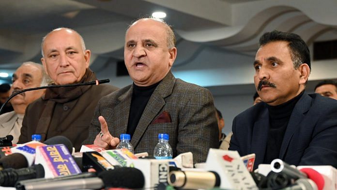 Former J&K Deputy Chief Minister Tara Chand (centre) addresses a press conference after being expelled from Democratic Azad Party in Jammu on Saturday | ANI