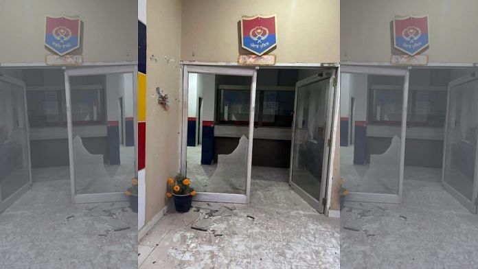 The doors and walls of the sanjh kendra in the police station complex in Sarhali village in Punjab’s Tarn Taran district was damaged due to an RPG attack late Friday night. | Twitter / @bsmajithia