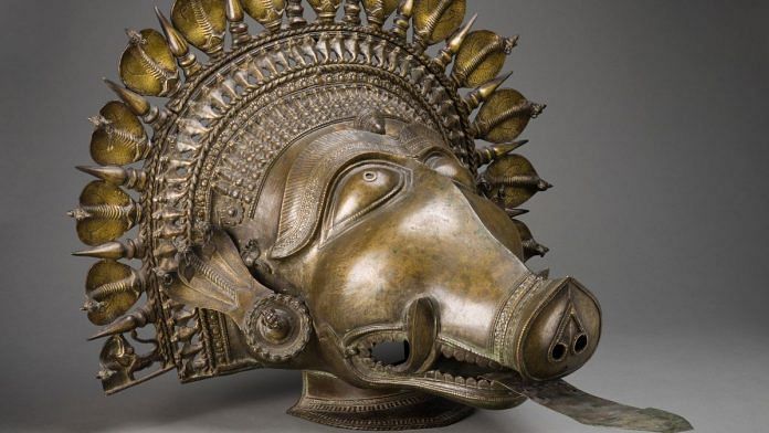 Dancer's Headpiece in the Form of a Panjurli Bhuta (Boar Spirit Deity), Kerala, India, c. 18th century, Copper alloy. Image courtesy of the Los Angeles County Museum of Art.