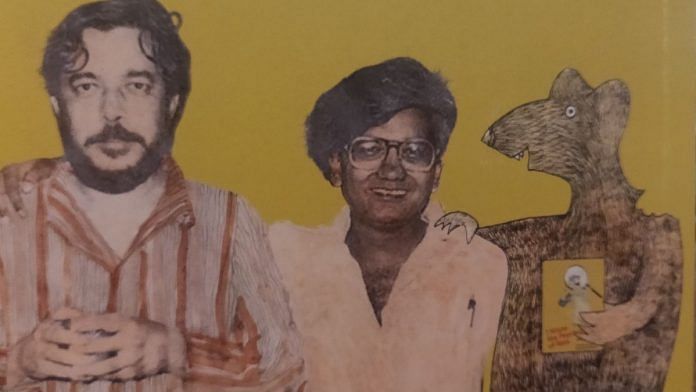 Saeed Mirza, Kundan Shah and the 'sutradhar' rat on the back cover illustration for 'I Know the Psychology of Rats' | Photo: Rama Lakshmi, ThePrint