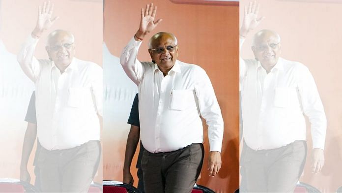 Gujarat CM Bhupendra Patel greets supporters after win in assembly polls, in Ahmedabad on 8 December, Thursday, 2022 | ANI