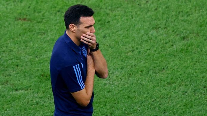 Argentina coach Lionel Scaloni reacts during Argentina v Croatia semifinal in Lusail Stadium, Lusail, Qatar, on 13 December, 2022 | Reuters