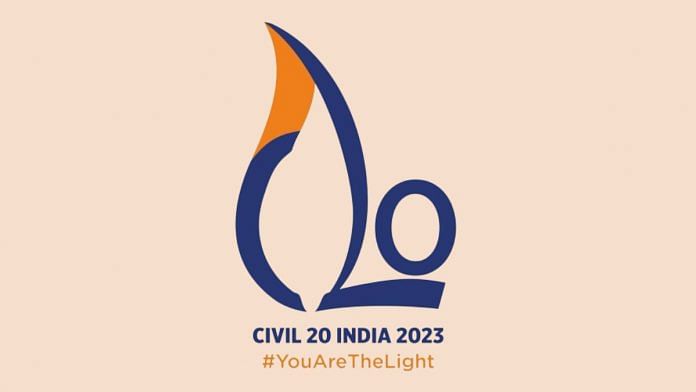 The logo of C20 India 2023. Image credits: Twitter/ @C20EG
