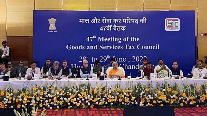 File photo of Union Finance Minister Nirmala Sitharaman chairing the second day of the 47th meeting of the GST Council, in Chandigarh on 29 June, 2022 | ANI