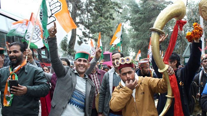 Congress workers celebrate the party's victory in Himachal Pradesh assembly elections in Kullu | PTI Photo