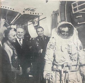 Indira Gandhi (L) watches son Rajiv Gandhi (R) as he dons a space suit at the Yuri Gagarin Cosmonaut Training Centre | Picture taken from 'Soviet Land' magazine | Courtesy: Russian Cultural Centre, Delhi | Sourced by Vandana Menon, ThePrint