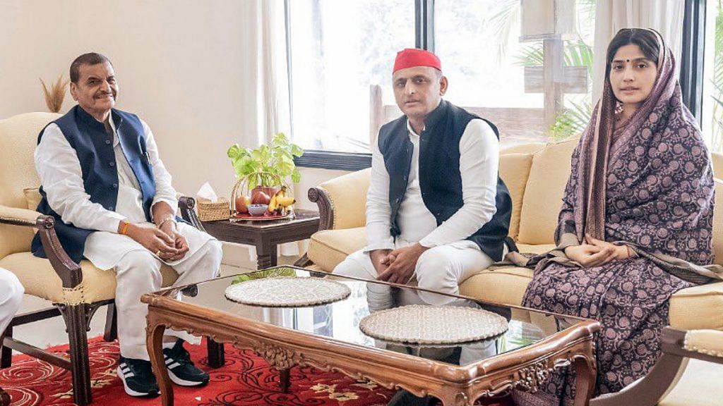 Samajwadi Party chief Akhilesh Yadav and his wife Dimple meet Shivpal Yadav (left) in Etawah on Thursday | ANI
