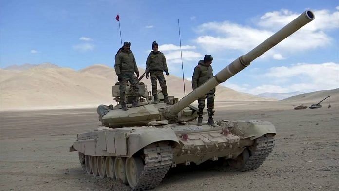 File photo of Indian Army soldiers atop a T-90 tank in Ladakh. Army is looking at light tanks for quick deployment in mountainous terrain like the LAC | ANI