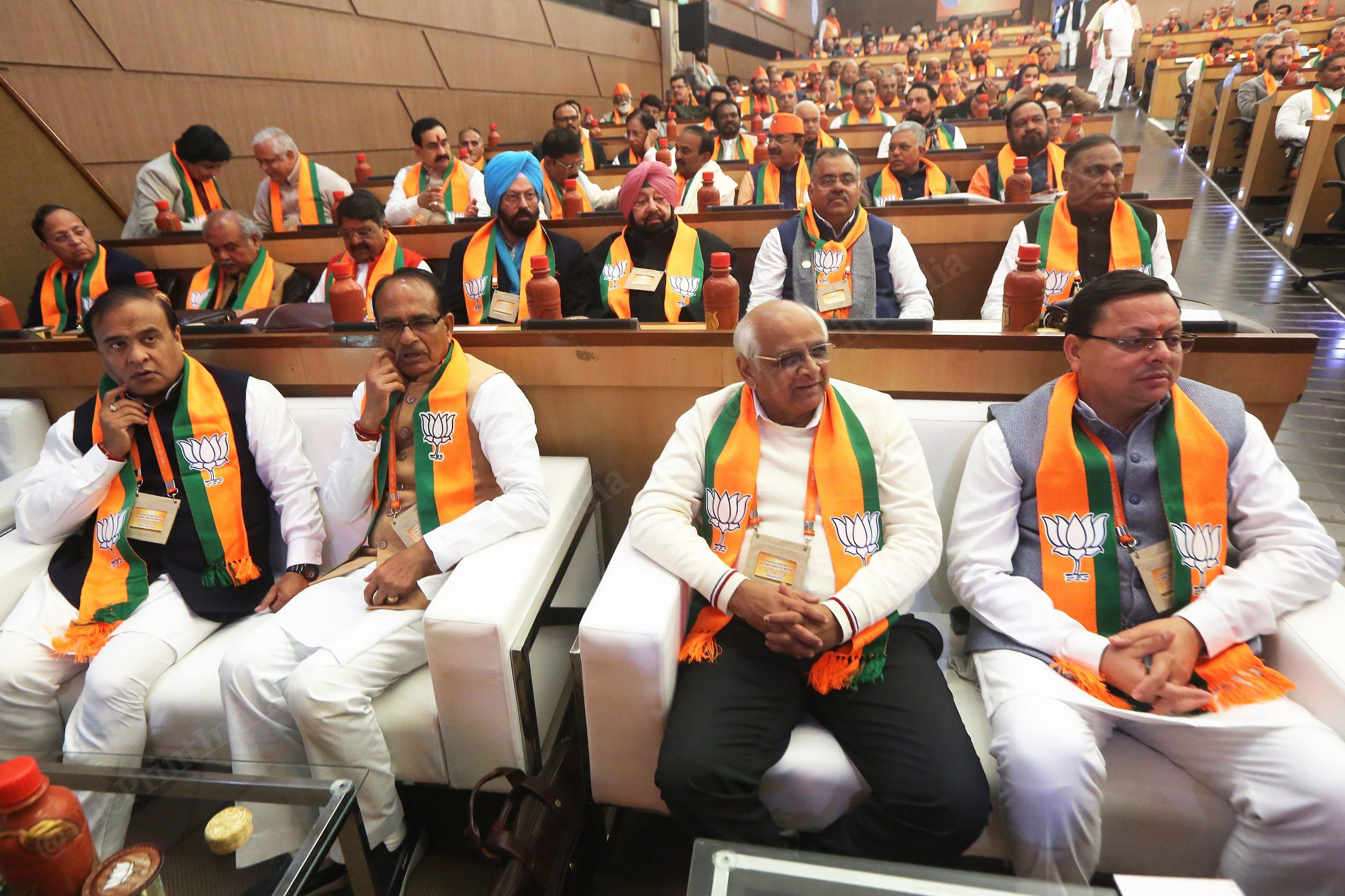 From left to right- Assam CM Himant Biswa Sharma, Madhya Pradesh CM Shivraj Singh Chouhan, Gujarat CM Bhupendra Patel and Uttrakhand CM Pushkar Singh Dhami seating at the front row at the meet | Photo: Praveen Jain | ThePrint