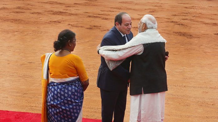 President of Egypt Abdel Fattah El-Sisi being greeted by President of India Droupadi Murmu and Prime Minister Narendra Modi at Rashtrapati Bhavan in New Delhi | Photo: Praveen Jain | ThePrint