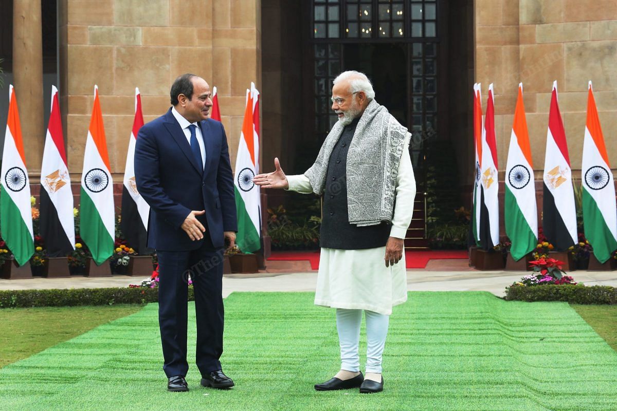 PM Modi shaking hands with Egyptian President Abdel Fattah el-Sisi at Hyderabad House.  Photo: Praveen Jain |  impression