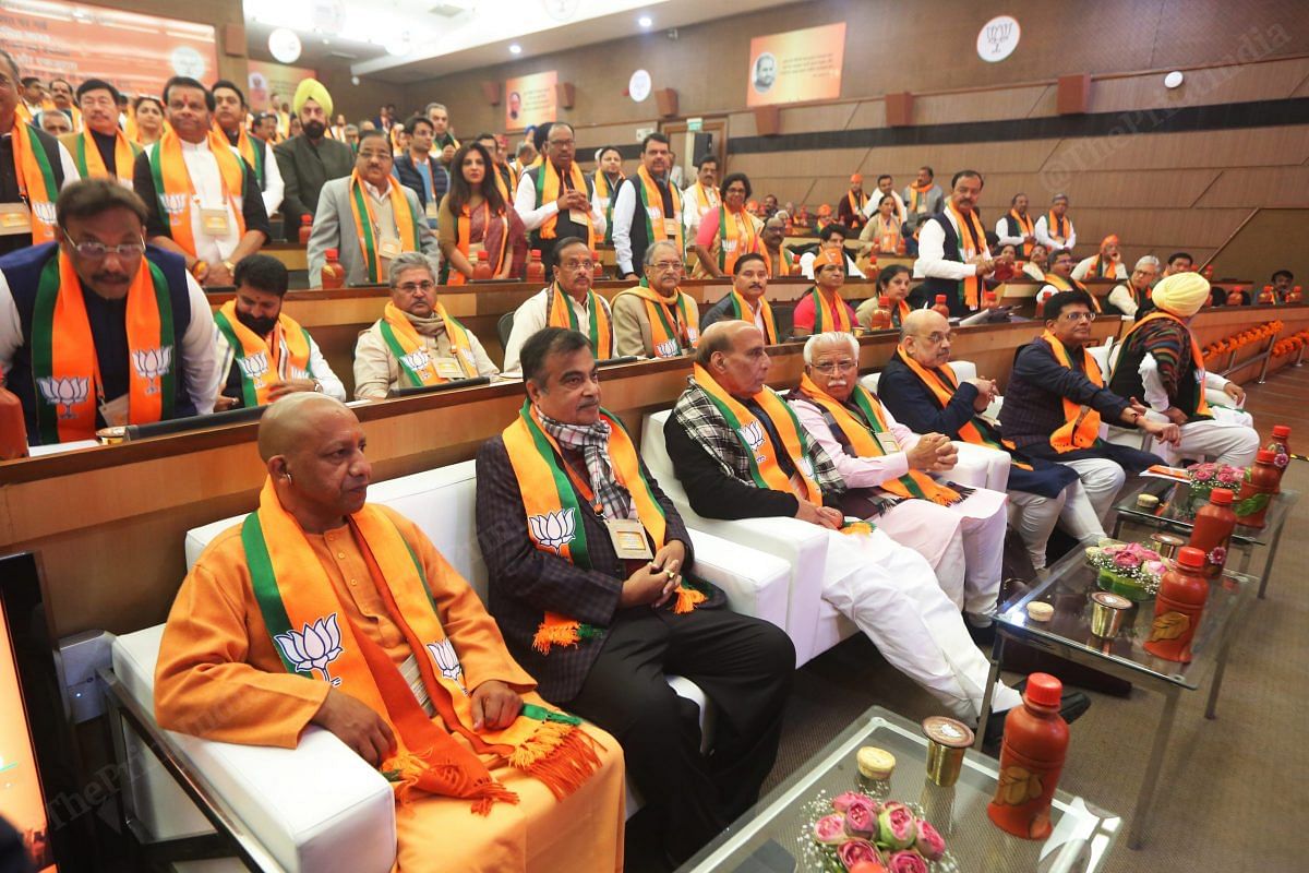 (From left to right) Uttar Pradesh CM Yogi Adityanath, union leader Nitin Gadkari, Defence minister Rajnath Singh, Home minister Amit Shah and union leader Piyush Goyal at the BJP executive meet | Photo: Praveen Jain | ThePrint