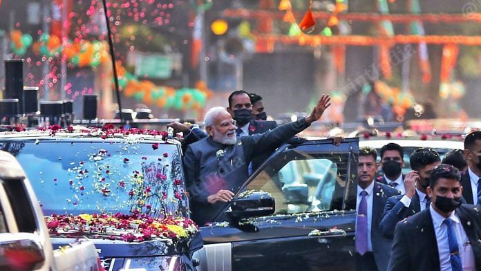 PM Narendra Modi during road show in New Delhi | Photo: Manisha Mondal | ThePrint