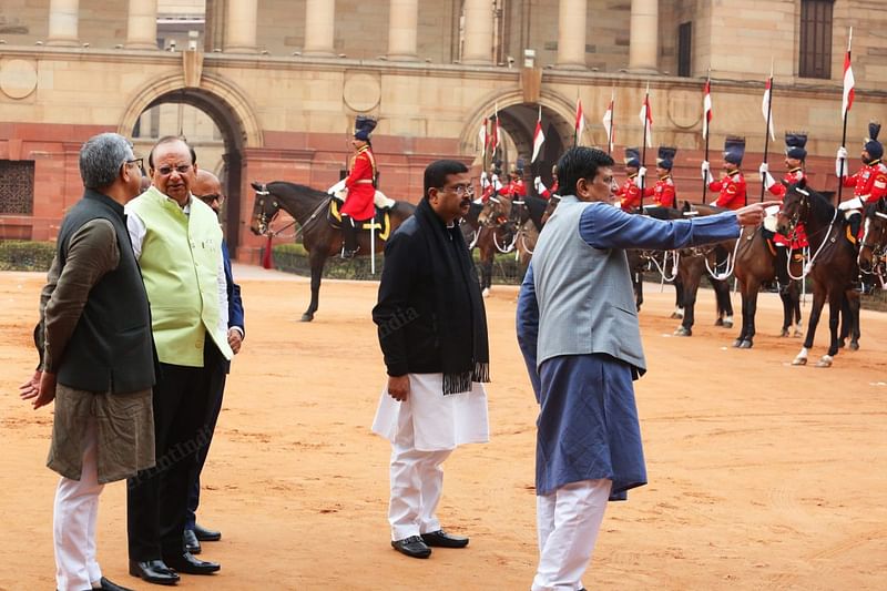 From left to right- From left to right- Railway minister Ashwini Vaishnaw, Lt Governor V.K. Saxena, Union ministers Dharmendra Pradhan and Piyush Goyal leave after the ceremonial reception| Photo: Praveen Jain | ThePrint