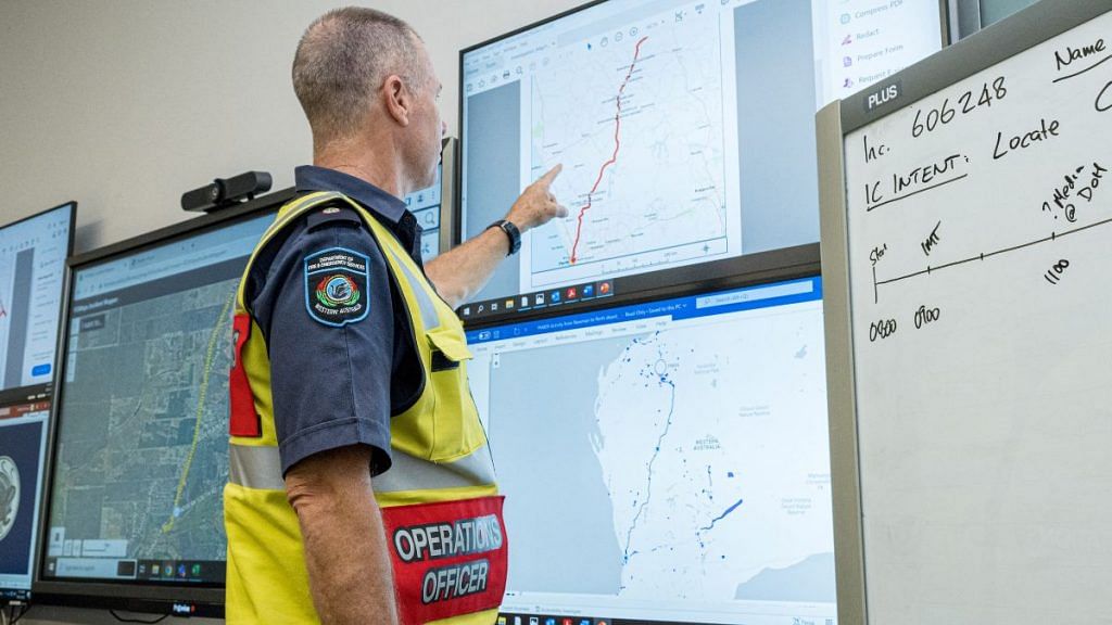 A member of the Incident Management Team coordinates the search for a radioactive capsule that was lost in transit by a contractor hired by Rio Tinto, at the Emergency Services Complex in Cockburn, Australia, in this undated handout photo. Department of Fire and Emergency Services/Handout via Reuters