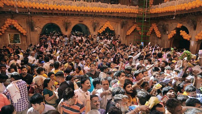 File photo of devotees at Bankey Bihari temple on the occasion of Krishna Janmashtami | ANI