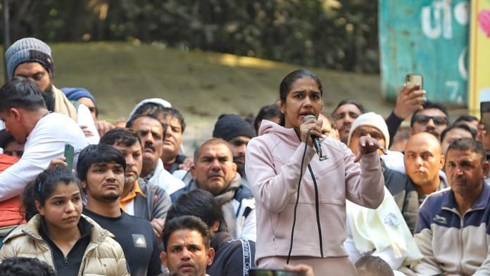 Wrestler and BJP leader Babita Phogat at the protest site in Jantar Mantar, on 19 January 2023 | Manisha Mondal | ThePrint