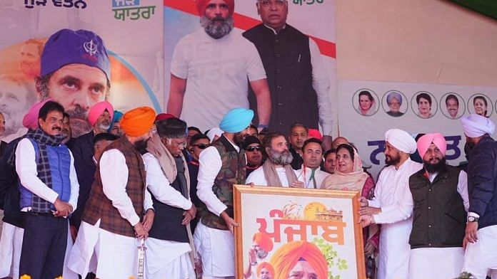 Partap Singh Bajwa, Rahul Gandhi and other Congress leaders at a Bharat Jodo Yatra event in Pathankot, Punjab, on Thursday | Photo: Twitter/@Partap_Sbajwa