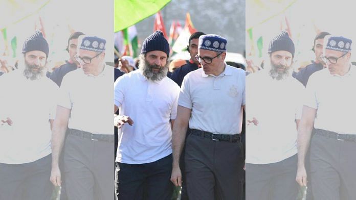 Rahul Gandhi and Omar Abdullah in Banihal on Friday | Photo: Amogh Rohmetra