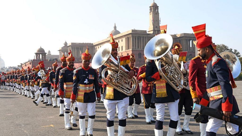 The Army band performs during Beating Retreat rehearsal at Vijay Chowk in New Delhi. 27 January, 2023 | Photo ANI
