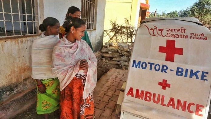 Motorbike ambulance parked at early referral centre in Orchha village | Suraj Singh Bisht | ThePrint