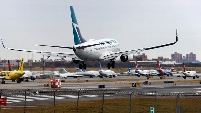 A Westjet Airlines jet lands in front of planes backed up waiting to depart on the runway after flights earlier were grounded during an FAA system outage at Laguardia Airport in New York City, on 11 January 2023 | Reuters