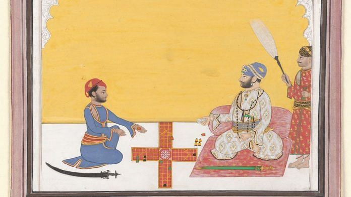 Maharaja Sovan Singh Playing Pachisi, Ambav, Udaipur, Mewar, Rajasthan, c. 1868, Opaque watercolour with gold on paper, inscribed in devanagari on the reverse. Image courtesy of The Metropolitan Museum of Art.