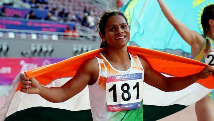 Dutee Chand celebrates finishing third in the Women's 200m Final in Asian Athletics Championships at Khalifa International Stadium in Doha, on April 2019 | File photo | ANI via Reuters