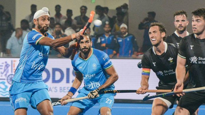 India and Wales players in action during FIH Men’s Hockey World Cup Group D match at the Kalinga Stadium in Bhubaneswar. India beat Wales 4-2 | ANI 