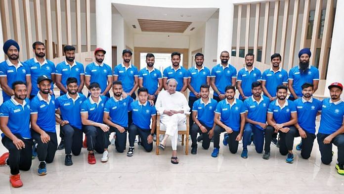 File photo of Odisha Chief Minister Naveen Patnaik poses for a photo with the Indian hockey team members ahead of the Hockey World Cup 2023 | ANI 