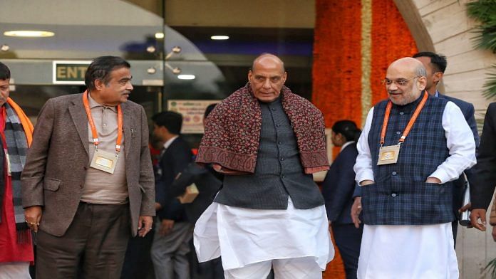 (From left) Union minister Nitin Gadkari, Rajnath Singh, and Amit Shah, at BJP national executive meeting, in New Delhi Tuesday | Manisha Mondal | ThePrint