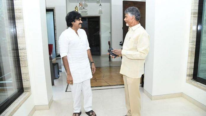 JSP leader Pawan Kalyan with TDP chief Chandrababu Naidu at his residence in Hyderabad | By special arrangement