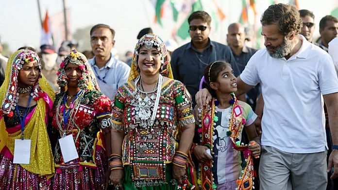 Rahul Gandhi with women dressed in traditional attires during Bharat Jodo Yatra's Shakti Walk on the birth anniversary of former PM Indira Gandhi, in Buldhana | ANI file photo