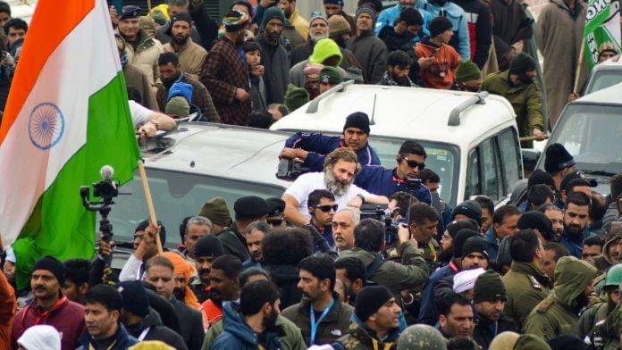 Congress leader Rahul Gandhi with others during Congress' Bharat Jodo Yatra in J&K's Qazigund, on 27 January 2023 | PTI