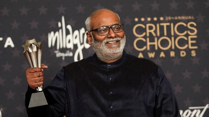 M.M. Keeravani, poses with the award for the Best song for 