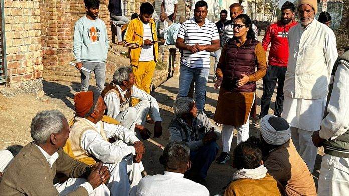 NCP leader Sonia Doohan speaks with local residents of Pali village in Haryana's Narnaund constituency | Twitter | @DoohanSonia