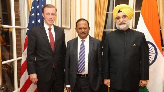 US National Security Advisor Jake Sullivan, India's NSA Ajit Doval and India's Ambassador to US Taranjit Singh Sandhu | Photo: Twitter/@SandhuTaranjitS