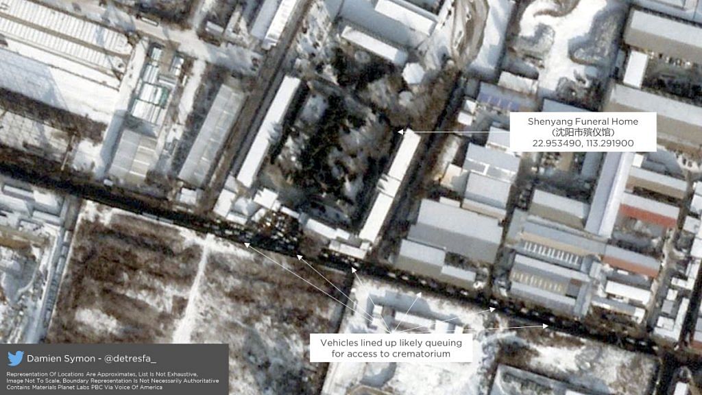 Satellite image of vehicles lined up outside a crematorium in China | Twitter @detresfa_