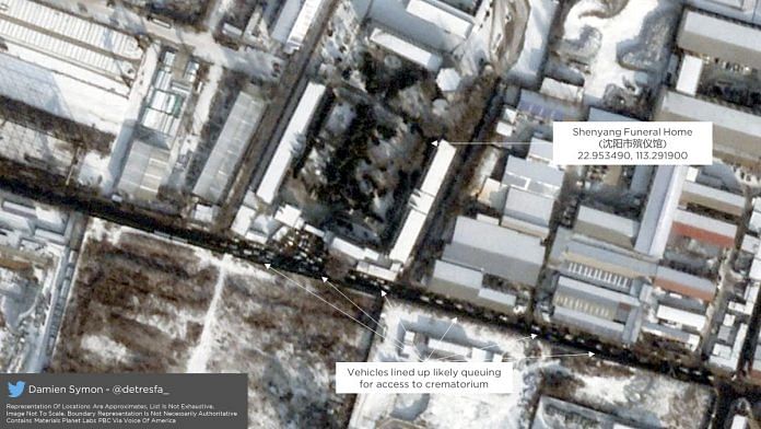 Satellite image of vehicles lined up outside a crematorium in China | Twitter @detresfa_