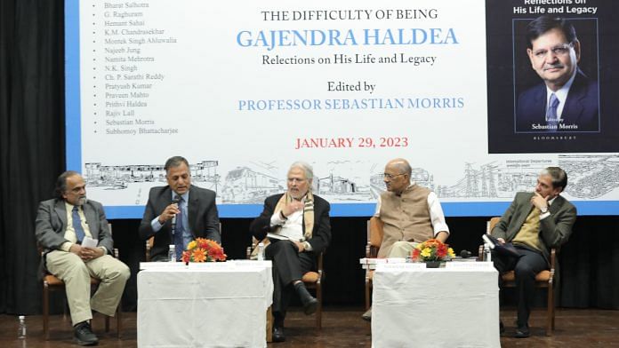 (From left to right) Sebastian Morris, professor, Goa Institute of Management; Ashok Lavasa, vice-president for private sector operations and public-private partnerships, Asian Development Bank; Najeeb Jung, former Lt. Governor of Delhi ;Shekhar Gupta, editor-in-chief, ThePrint; Subhomoy Bhattacharjee, consulting editor, Business Standard at the book launch in New Delhi | Disha Verma | ThePrint